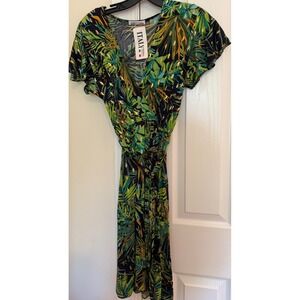 Italy Moda Tropical Palm Leaf Gold Foil Wrap V-Neck Midi Dress Green Navy New S